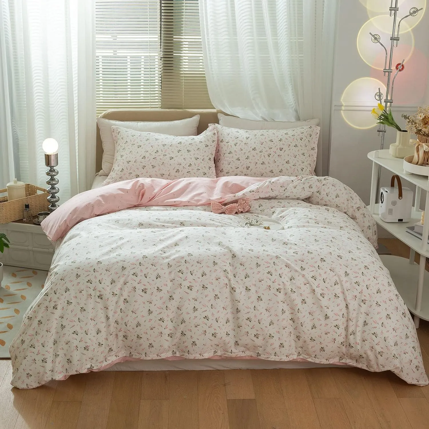 mixinni Floral Duvet Cover Twin XL Size for Teenage Girls Flowers and Leaves Printed on Soft Cotton White/Pink Bedding Duvet Cover with Two Matching Pillowcases-Twin XL Size