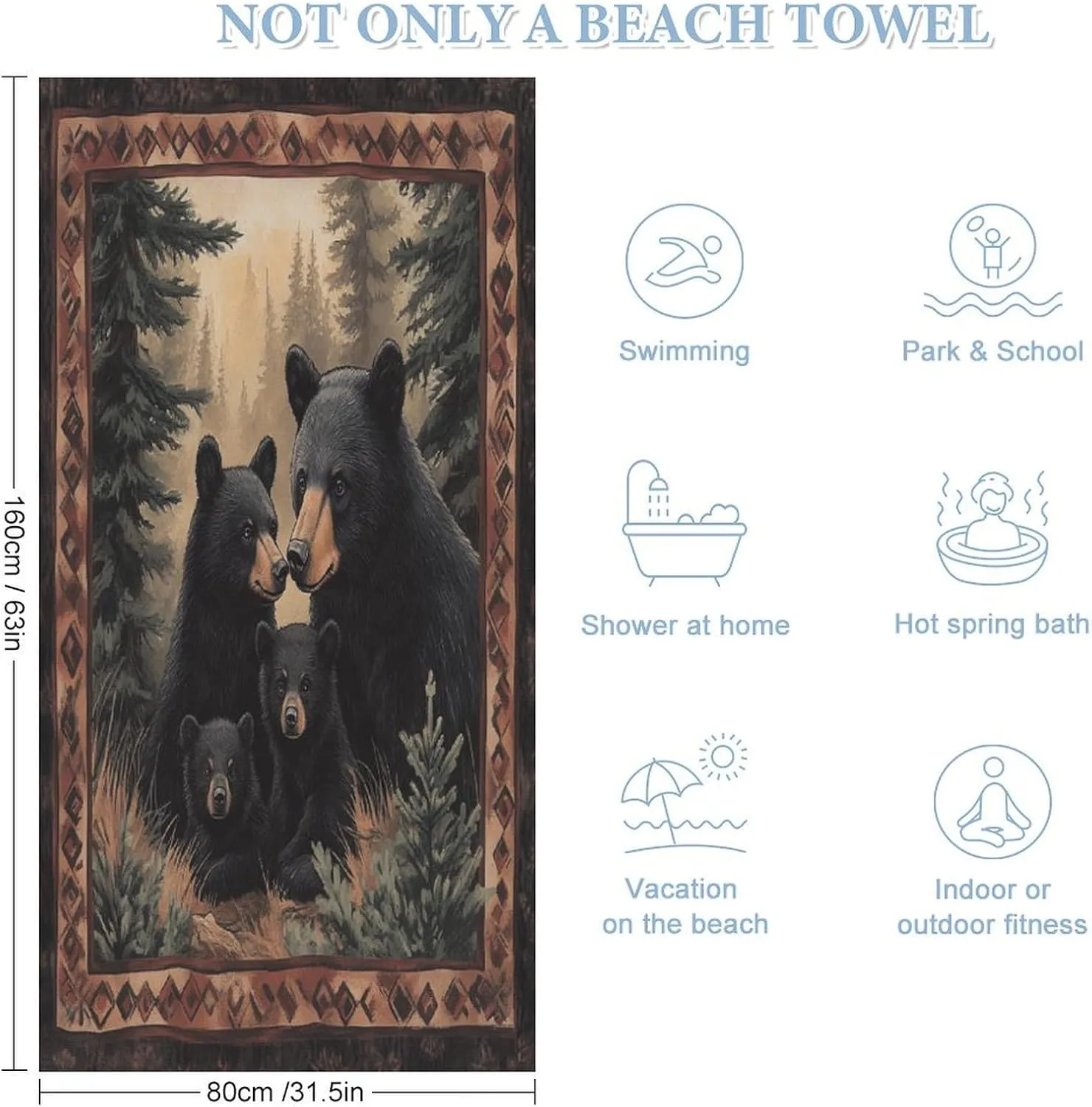 Modern Boho Forest Bear Beach Towels Oversized Lightweight 31.5W X 63L in,Watercolor Hunting Theme Animal Black Bear Beach Towel Quick Dry Soft