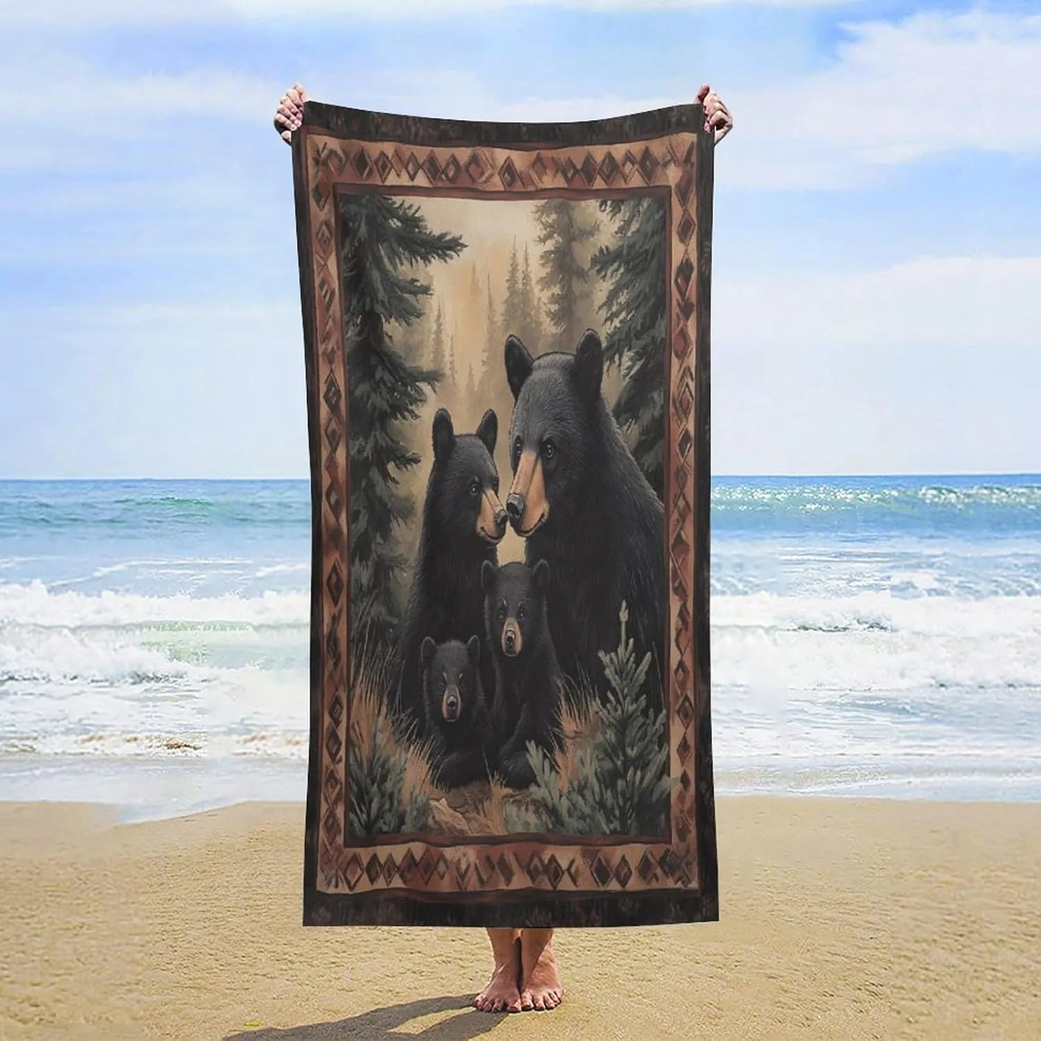 Modern Boho Forest Bear Beach Towels Oversized Lightweight 31.5W X 63L in,Watercolor Hunting Theme Animal Black Bear Beach Towel Quick Dry Soft
