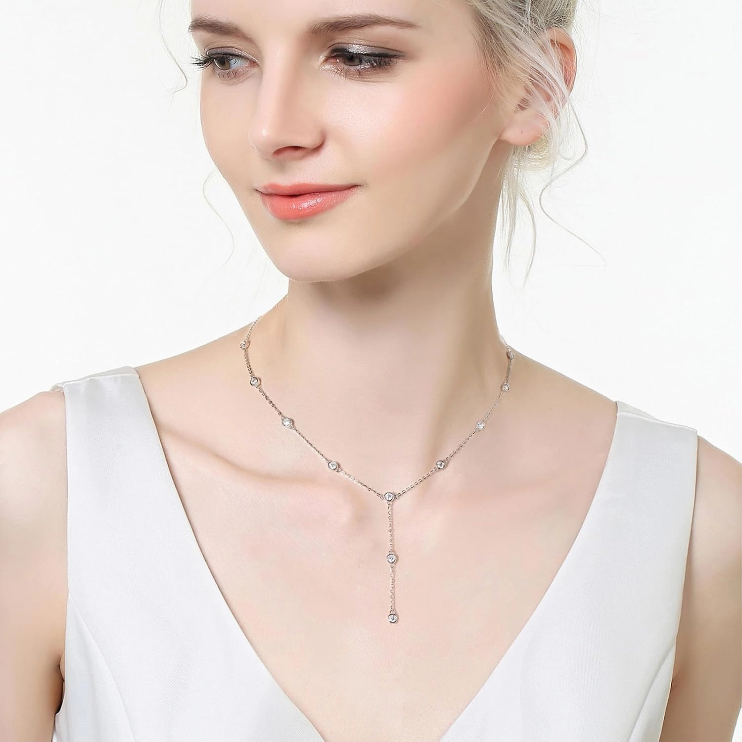 Moissanite Necklace for Women Sterling Silver, Lab Imitation Diamond Lariat Drop Y necklace, Dainty Simple Long Prom Bridal Wedding Hypoallergenic Neckalces, 16 to 20 Inch