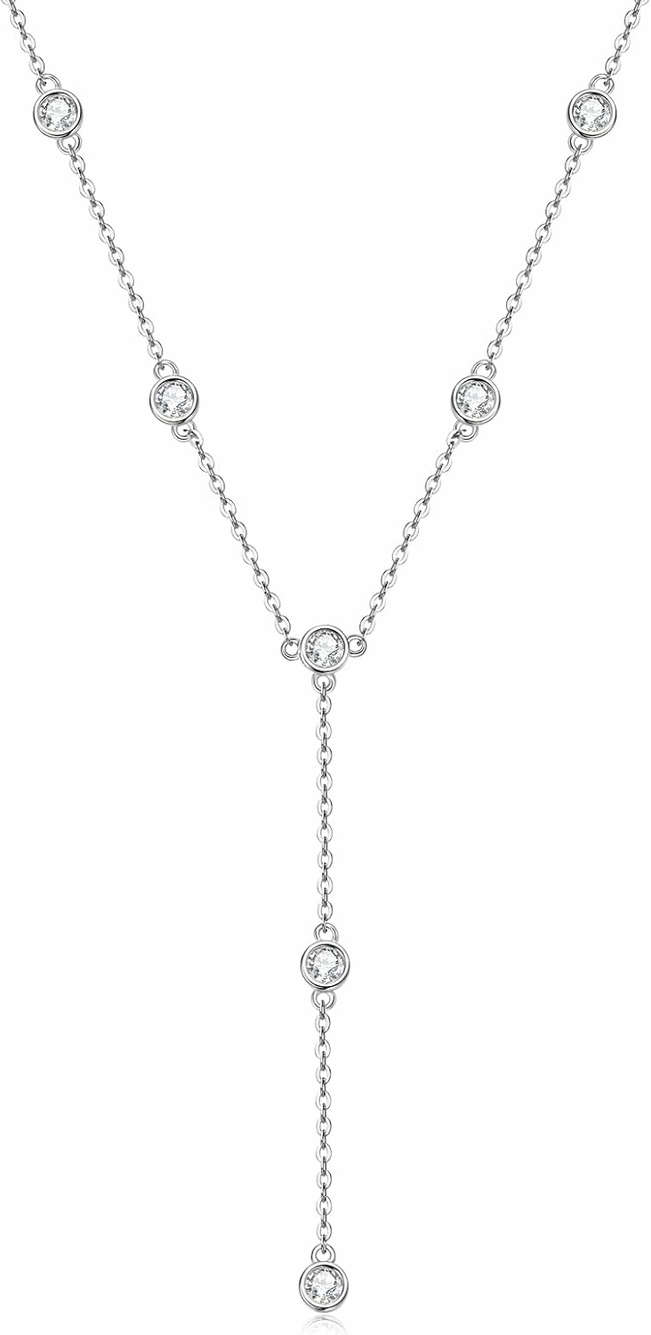 Moissanite Necklace for Women Sterling Silver, Lab Imitation Diamond Lariat Drop Y necklace, Dainty Simple Long Prom Bridal Wedding Hypoallergenic Neckalces, 16 to 20 Inch