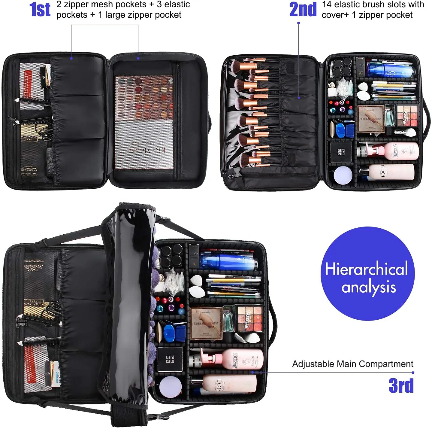 MONSITNA Extra Large Makeup Case 17 Inch Super Large Capacity Travel Makeup Train Case Professional Makeup Artist Case Nail Polish Organizer Storage Box with Two Adjustable Shoulder Strap (Black)