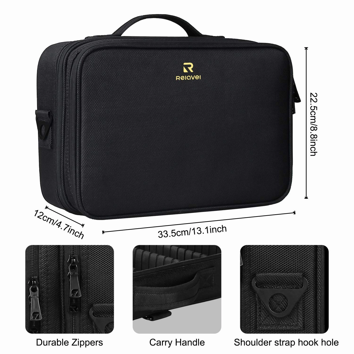 MONSTINA Travel Makeup Train Case,13.8 inches Large Cosmetic Case,Makeup Brush Holder Organizer and Storage with Adjustable Dividers and Shoulder Strap (Black)