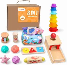 Montessori Toys for Babies 6-12 Months,1 Year Old,8 in 1 Baby Sensory Toy for 12-18 Months Toddler,Wooden Educational Development Toys with Soft Stacking Cup&Sensory Ball&Tissue Box