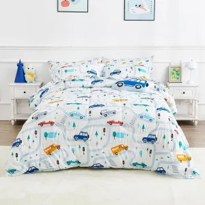 Mooreeke Bed in a Bag for Kids Boys Teens, 8 Pieces Full Size Comforter Bed Set with Shams, Sheet Set and Decorative Toy Pillow, Cars White Super Soft Microfiber Kids Comforter Bedding Set