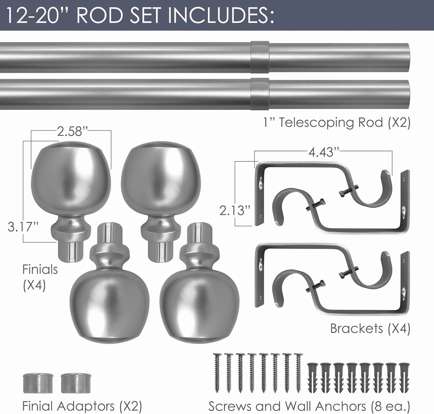 Morena II 12-20 Inch Adjustable Side Curtain Rod Set Pair, 1 Inch Diameter in Brass