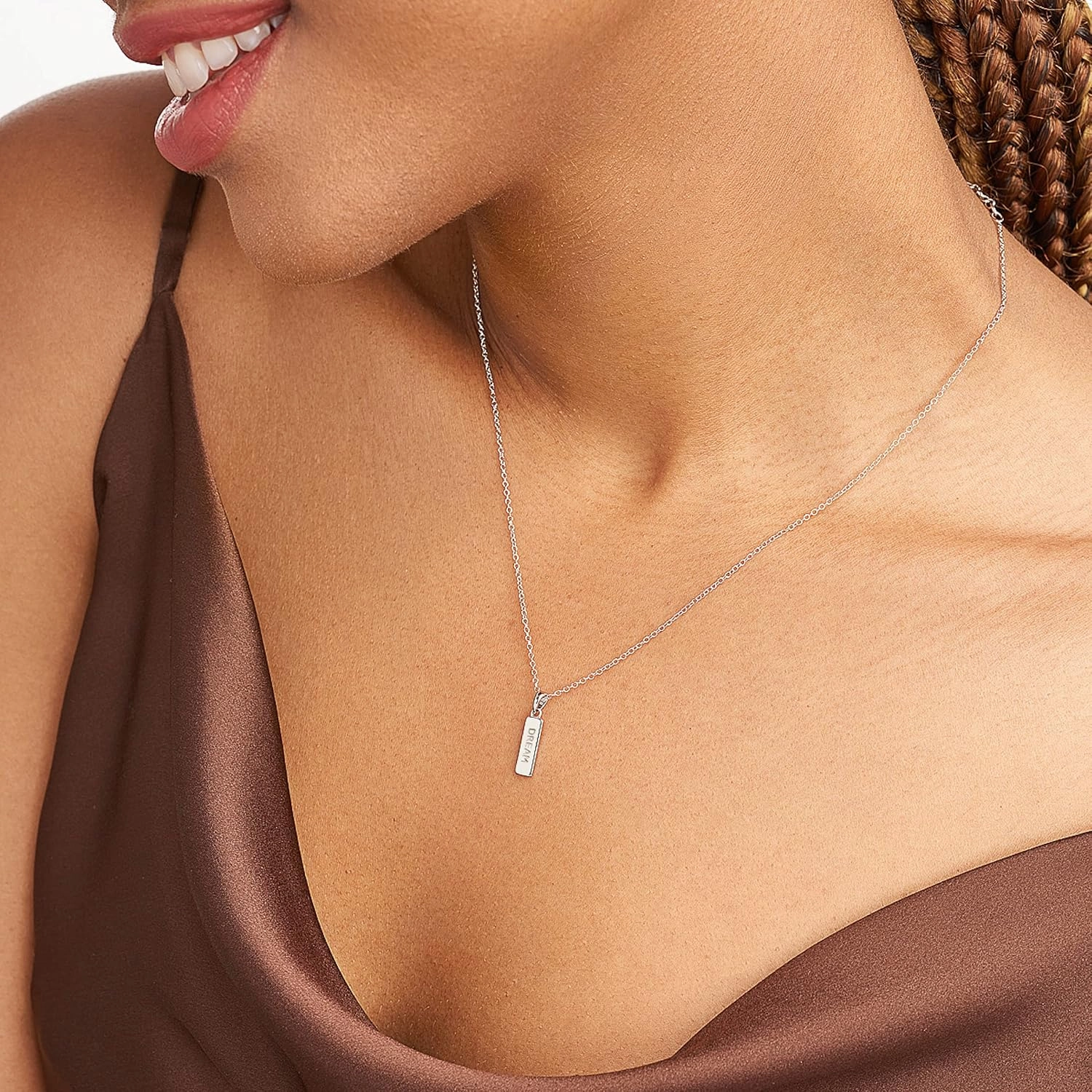 MORGAN & PAIGE .925 Sterling Silver Rhodium Plated Vertical Bar Sentiment Pendant Necklaces for Women - Lightweight and Dainty Sterling Silver Necklace for Women, Jewelry for Her 18 inch Rope Chain