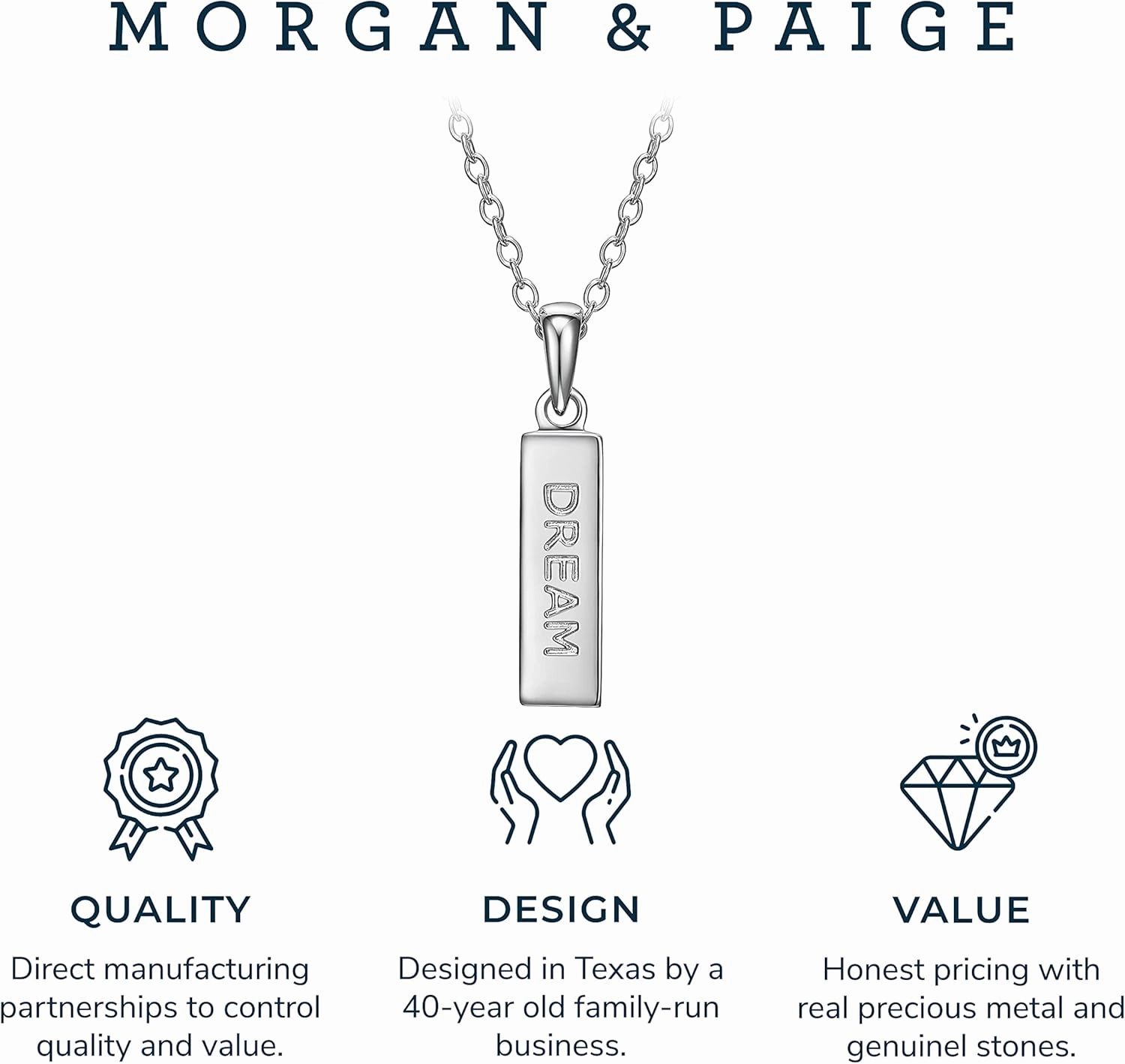 MORGAN & PAIGE .925 Sterling Silver Rhodium Plated Vertical Bar Sentiment Pendant Necklaces for Women - Lightweight and Dainty Sterling Silver Necklace for Women, Jewelry for Her 18 inch Rope Chain