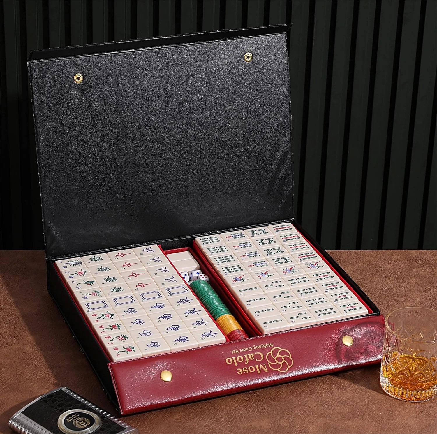 Mose Cafolo Chinese Mahjong Game Set 1.5" X-Large 144 Numbered White Ivory Color Melamine Tiles with Carrying Travel Case,Complete Majiang, Majong, Mah-Jongg Game Set
