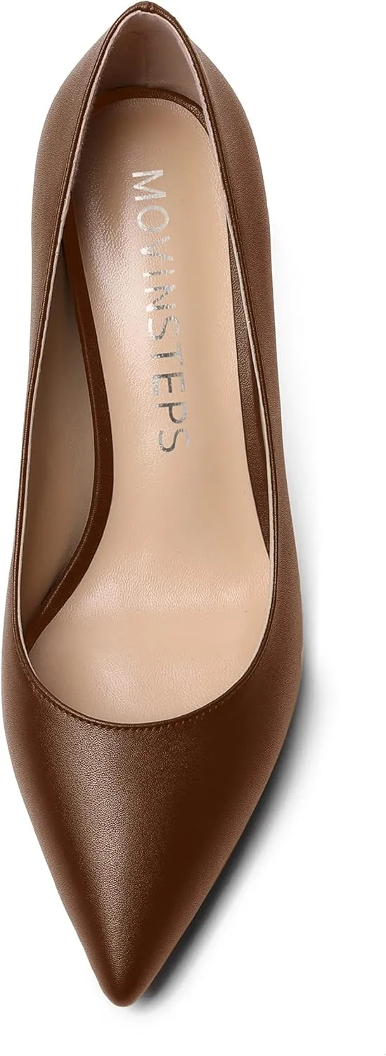 MOVINSTEPS Womens Dress Matte Slip On Office Solid Pointed Toe Spool Mid Heel Pumps Shoes 2.5 Inch