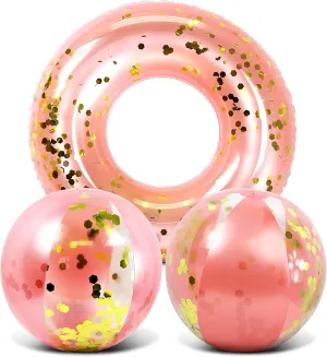 Mozlly Rose Gold Inflatable Beach Balls and Pool Float Tube Bundle - Premium Swim Ring Pool Float and Glitter Beach Ball Set, Fun Pool Floats for Kids, Beach Party and Beach Balls for Pool- 3 Pieces