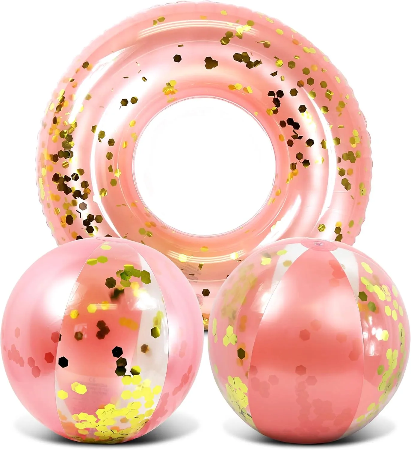 Mozlly Rose Gold Inflatable Beach Balls and Pool Float Tube Bundle - Premium Swim Ring Pool Float and Glitter Beach Ball Set, Fun Pool Floats for Kids, Beach Party and Beach Balls for Pool- 3 Pieces