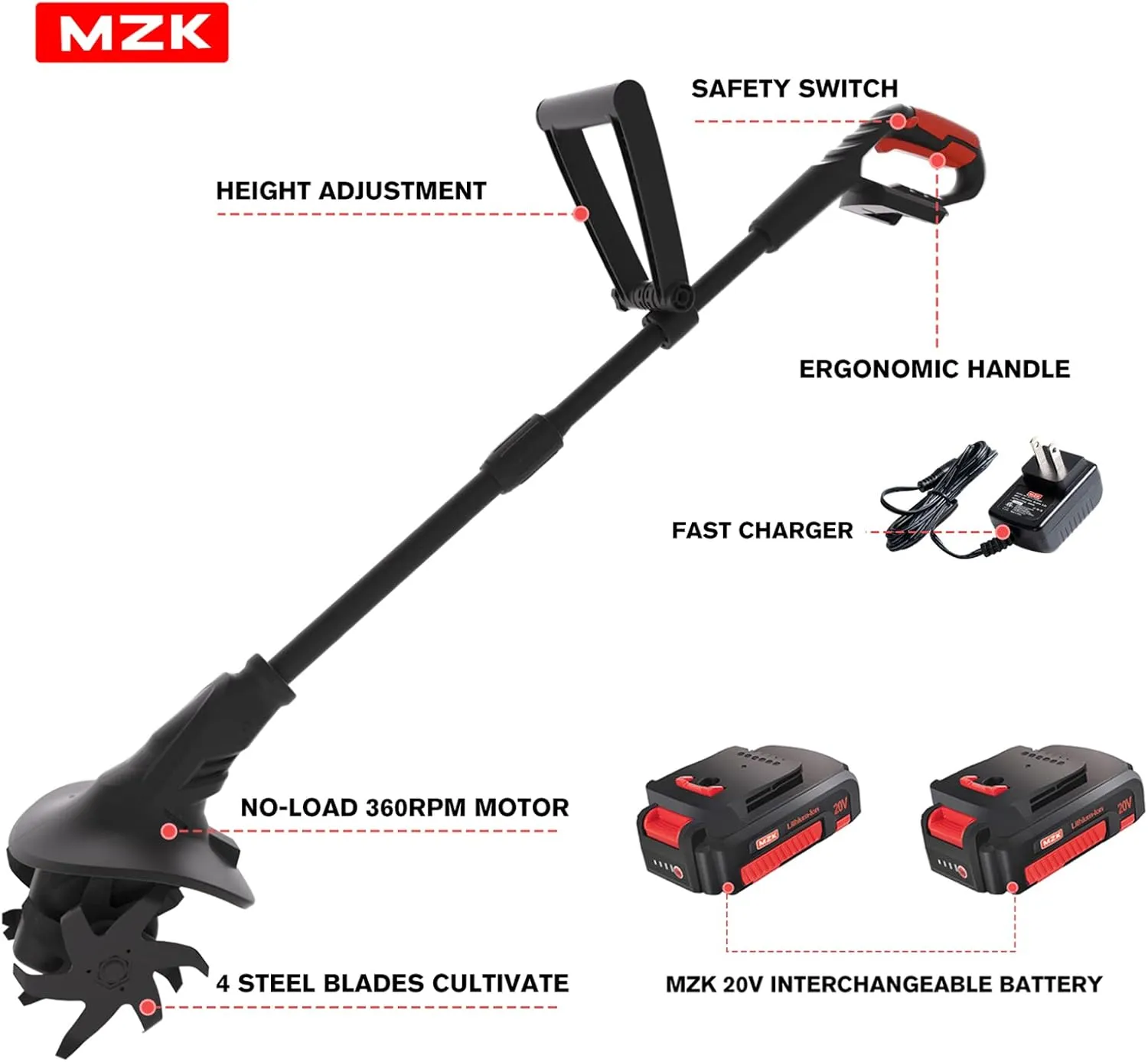 MZK 20V Cordless Tiller Cultivator with 24 Steel Tines,7.8-inch Wide Battery Powered Garden Cultivator, Mini Tiller for Gardening(2 * 2AH Battery and Charger Included)