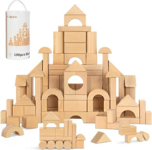 Natural Beech Wood Building Blocks for Toddlers 1-3, 100pcs Kids Wooden Blocks with Storage Bucket and Shape Sorter Lid, Preschool Learning Toys for Boys and Girls