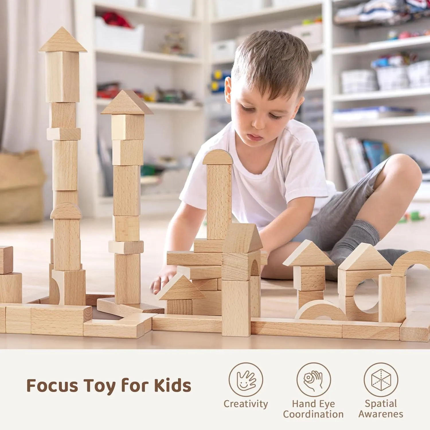 Natural Beech Wood Building Blocks for Toddlers 1-3, 100pcs Kids Wooden Blocks with Storage Bucket and Shape Sorter Lid, Preschool Learning Toys for Boys and Girls