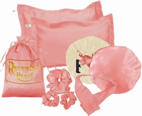 Natural hair essentials reversible and adjustable Satin bonnet, satin pillowcases, satin Scrunchies and headband set of 8 pieces (Rosegold)