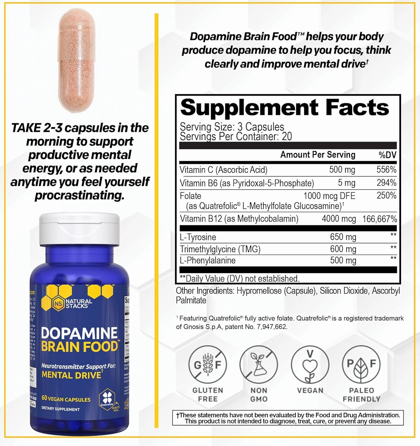 NATURAL STACKS Dopamine Brain Food - 650mg L-Tyrosine Supplement - Dopamine Supplement for Focus & Mental Drive - Supports Mental Energy - Neurotransmitter Support with B Vitamins - 60 Capsules
