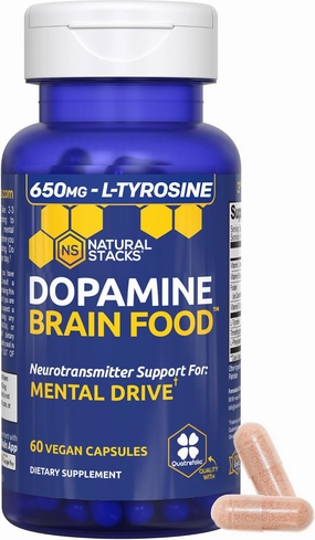NATURAL STACKS Dopamine Brain Food - 650mg L-Tyrosine Supplement - Dopamine Supplement for Focus & Mental Drive - Supports Mental Energy - Neurotransmitter Support with B Vitamins - 60 Capsules