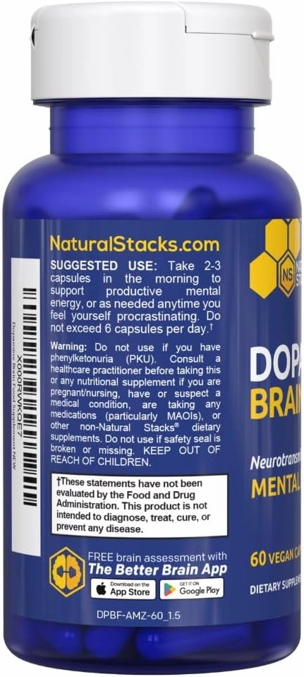 NATURAL STACKS Dopamine Brain Food - 650mg L-Tyrosine Supplement - Dopamine Supplement for Focus & Mental Drive - Supports Mental Energy - Neurotransmitter Support with B Vitamins - 60 Capsules
