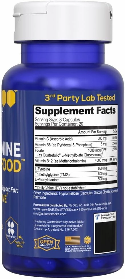 NATURAL STACKS Dopamine Brain Food - 650mg L-Tyrosine Supplement - Dopamine Supplement for Focus & Mental Drive - Supports Mental Energy - Neurotransmitter Support with B Vitamins - 60 Capsules