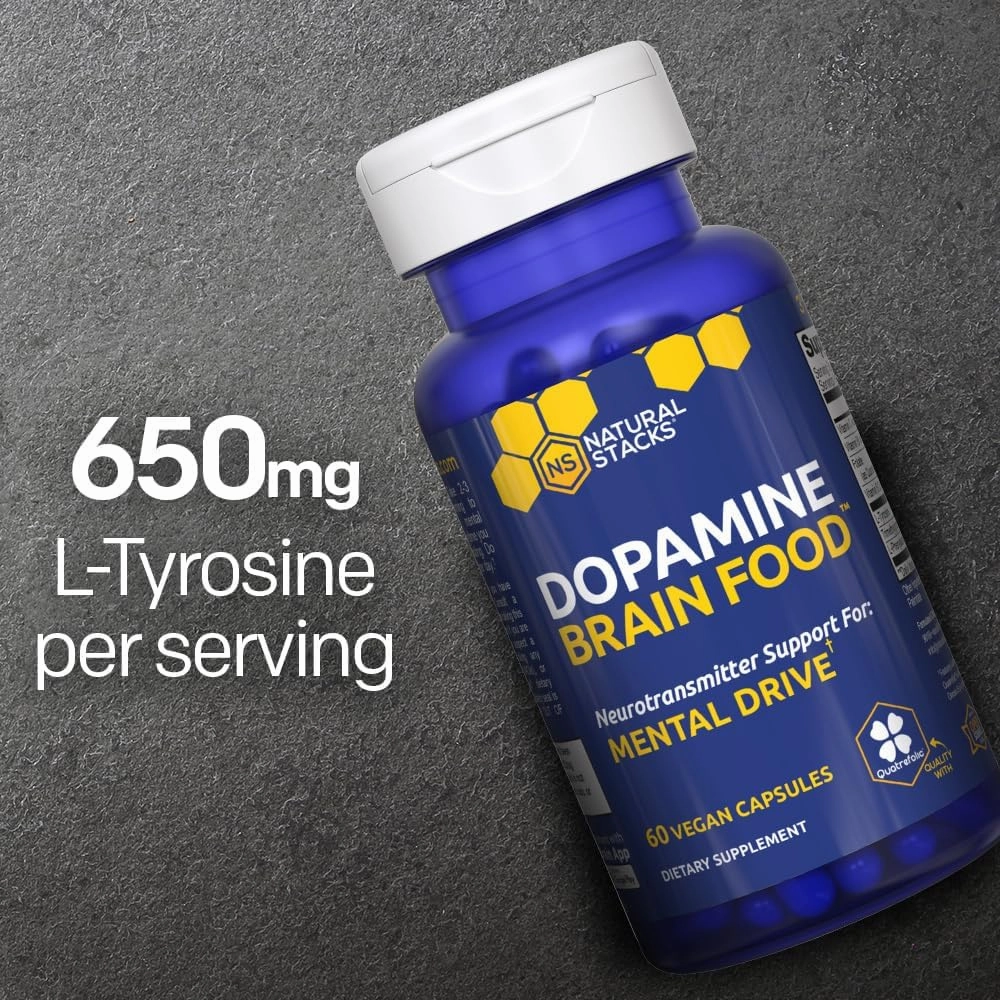 NATURAL STACKS Dopamine Brain Food - 650mg L-Tyrosine Supplement - Dopamine Supplement for Focus & Mental Drive - Supports Mental Energy - Neurotransmitter Support with B Vitamins - 60 Capsules