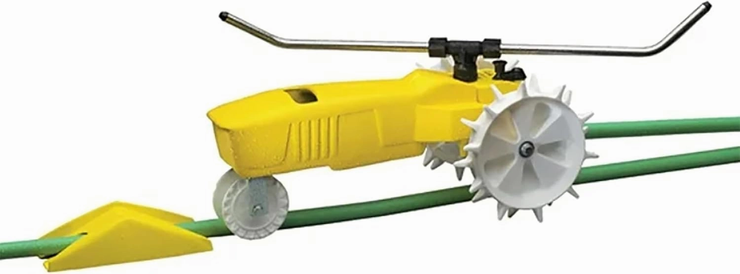 Nelson Rain Train 13,500 Square Feet Cast Iron Outdoor Lawn Traveling Water Sprinkler for Yard, and Garden, with Auto Shut Off, Yellow
