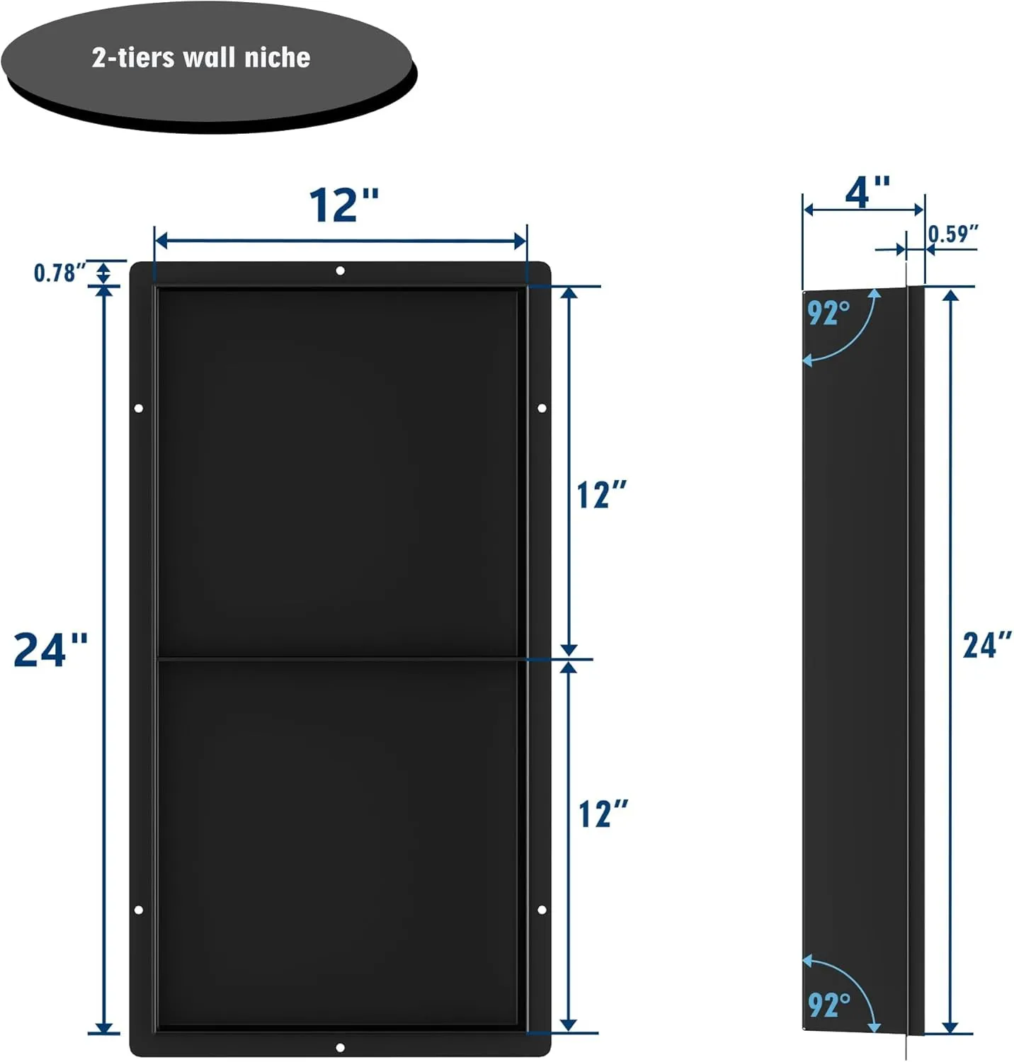 Neodrain 24X12Inch Shower Niche, Black Stainless Steel Recessed Niche for Bathroom Storage