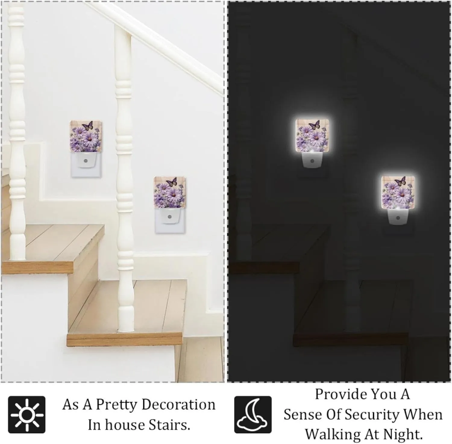 NEWzone Daisy Butterfly Wooden Plank Night Light 0.5W, Plug in Night Lights for Boys Girls Led Night Light Dusk to Dawn Sensor Nightlight for Stairway/Hallway/Bedroom