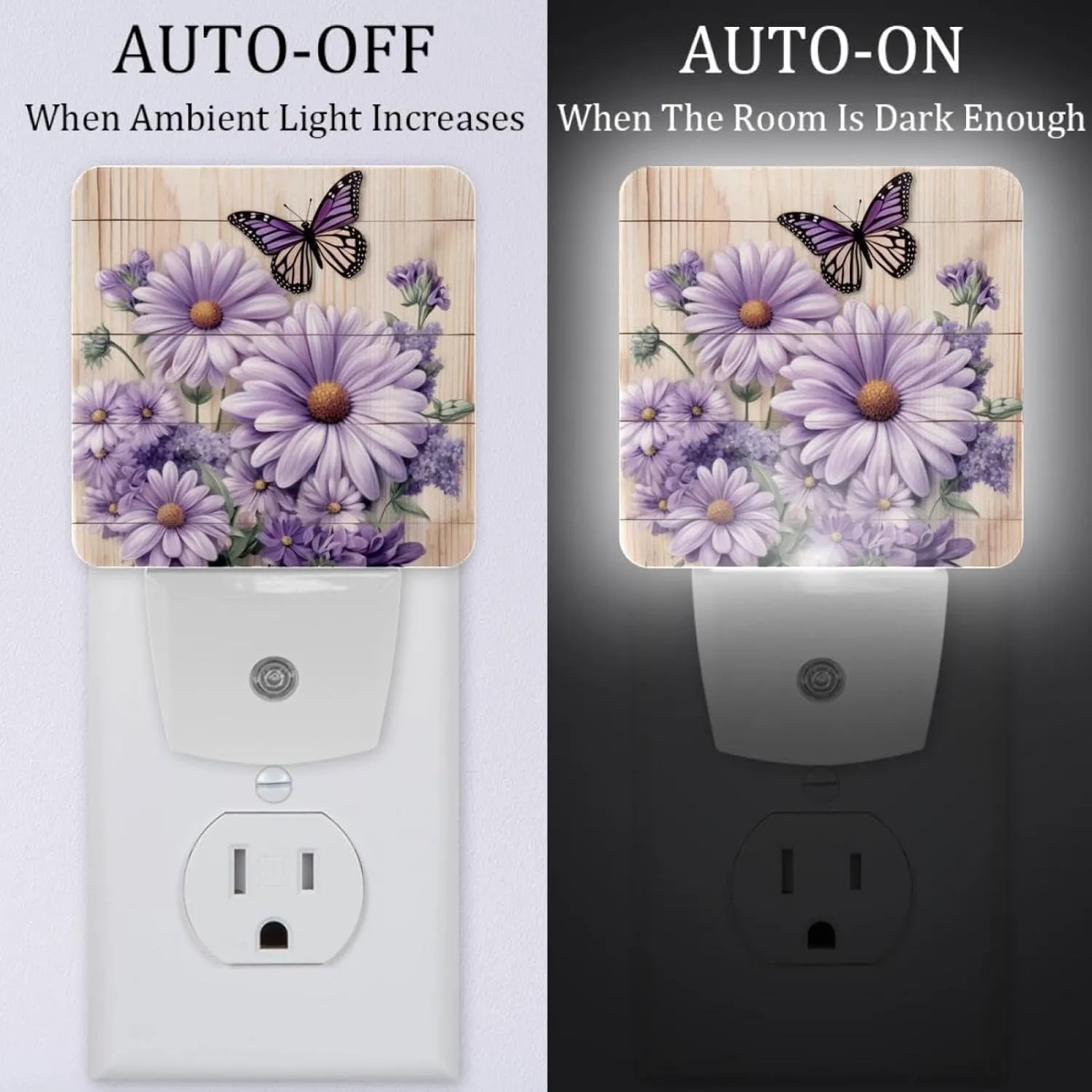 NEWzone Daisy Butterfly Wooden Plank Night Light 0.5W, Plug in Night Lights for Boys Girls Led Night Light Dusk to Dawn Sensor Nightlight for Stairway/Hallway/Bedroom