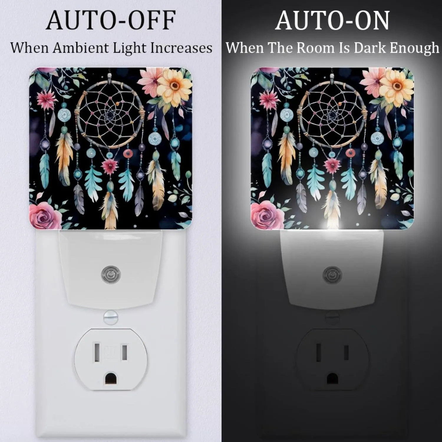 NEWzone Dream Catcher Flowers Night Light Plug into Wall for Girls Boys Room, Decorative Nightlights Auto Sensor Led Lights Wall Decor Gifts for Women Nightlight, 2 Pack