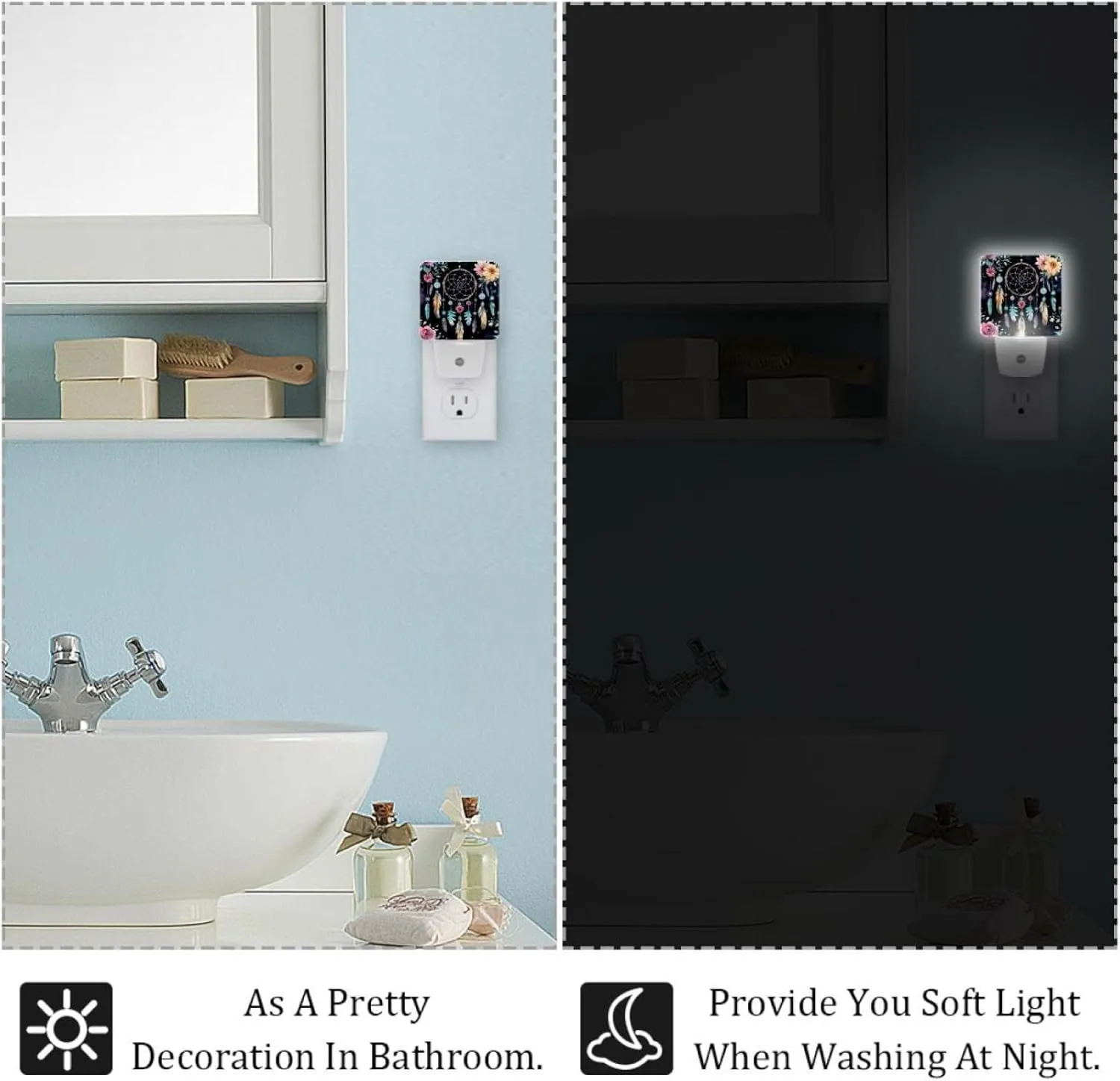 NEWzone Dream Catcher Flowers Night Light Plug into Wall for Girls Boys Room, Decorative Nightlights Auto Sensor Led Lights Wall Decor Gifts for Women Nightlight, 2 Pack