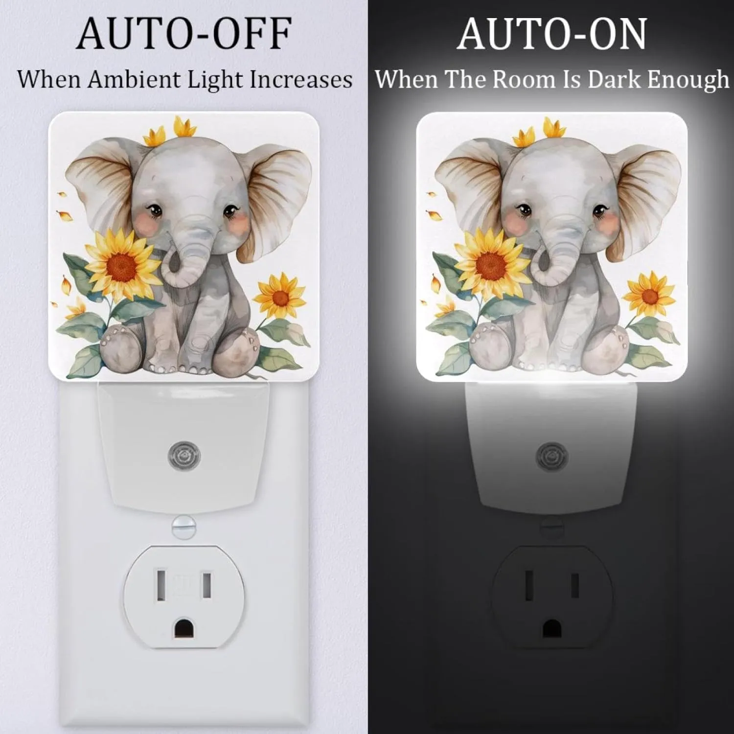 NEWzone Elephant Sunflowers Night Light 0.5W, Plug in Night Lights for Boys Girls Led Night Light Dusk to Dawn Sensor Nightlight for Stairway/Hallway/Bedroom