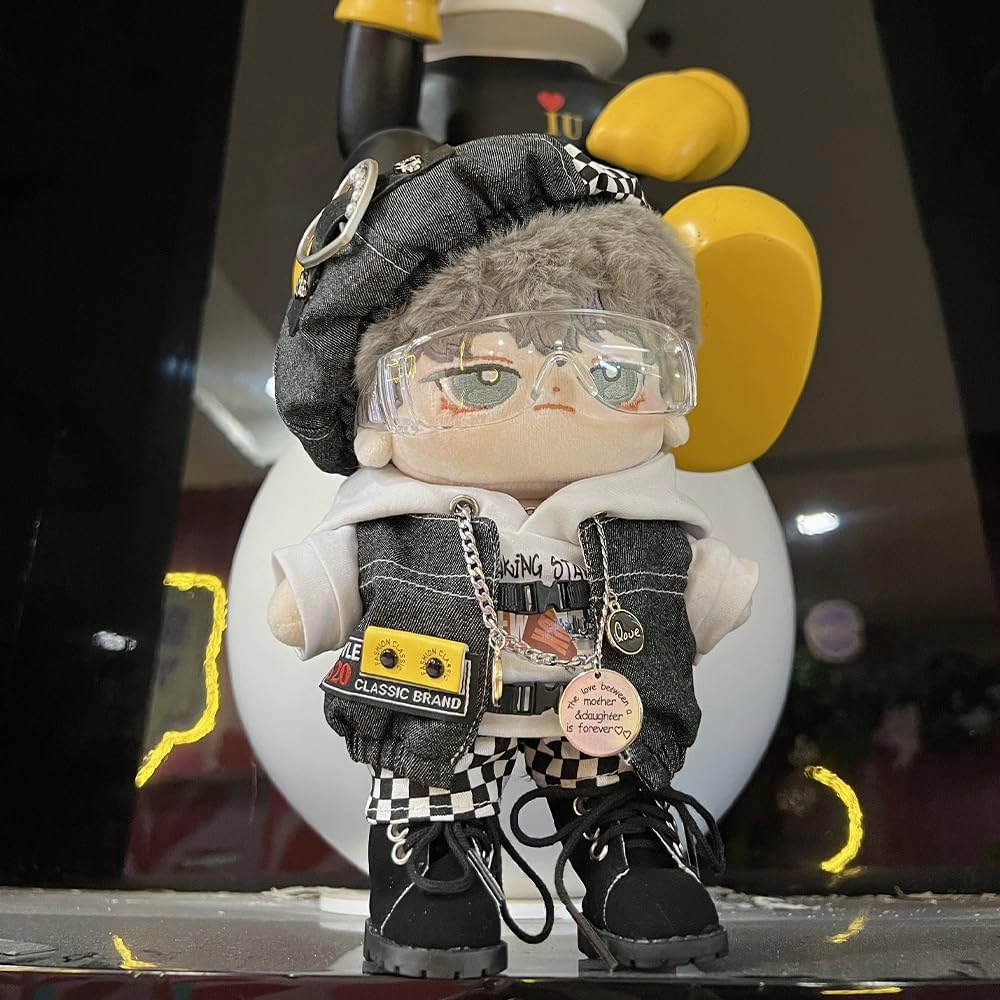 niannyyhouse 20cm Plush Doll Clothes Black and White Mist Set Beret Hoodie Pants Glasses Vest Shoes Soft Stuffed Plush Toy Dress Up (20cm)