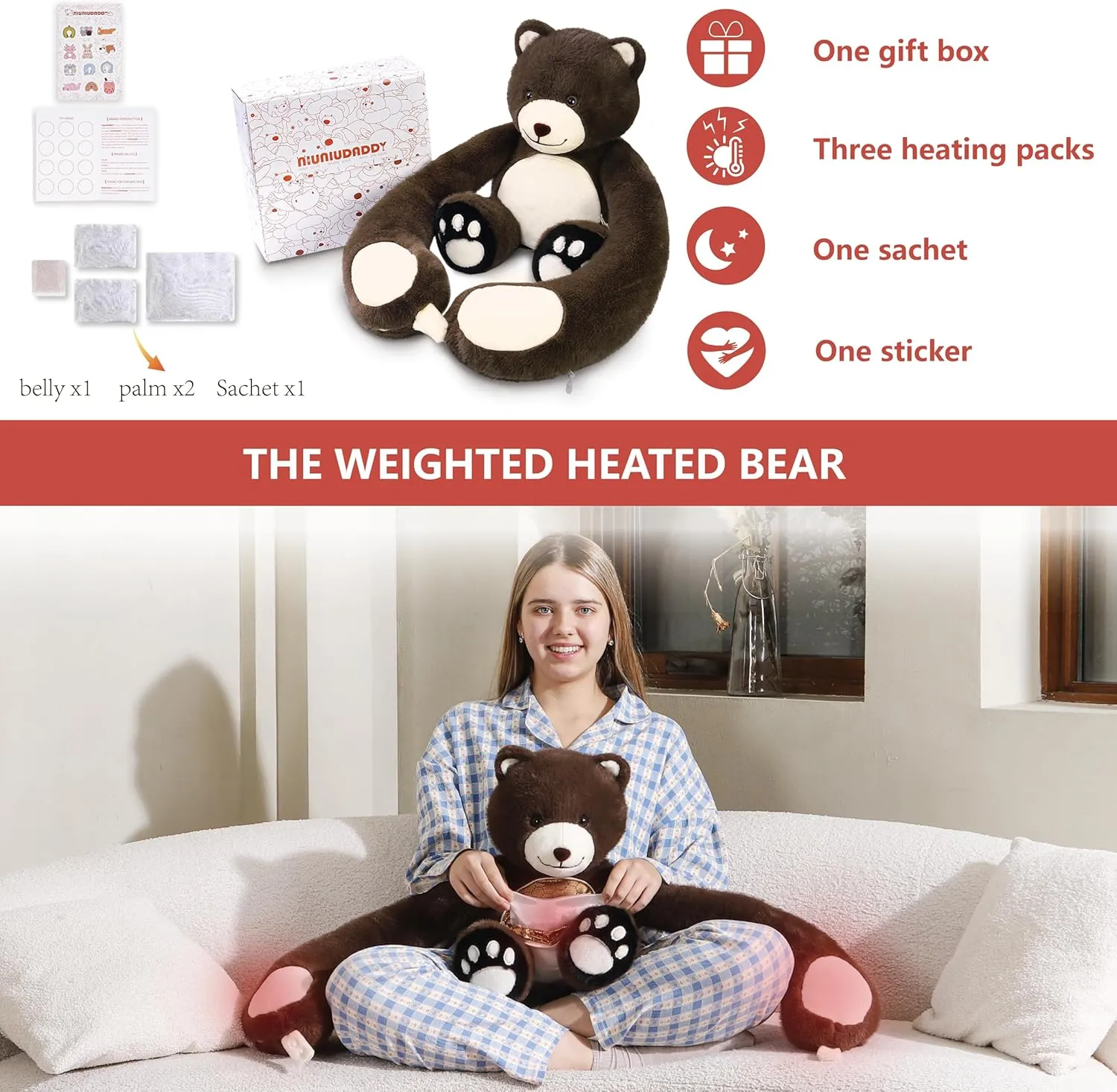 Niuniu Daddy 4LBS | Teddy Bear Heatable Weighted Stuffed Animals, Microwavable Plush Animal Lavender Scented with Heating Pad, Heated Plush Toy with Unscented for Girl Women Birthday Christmas Holiday