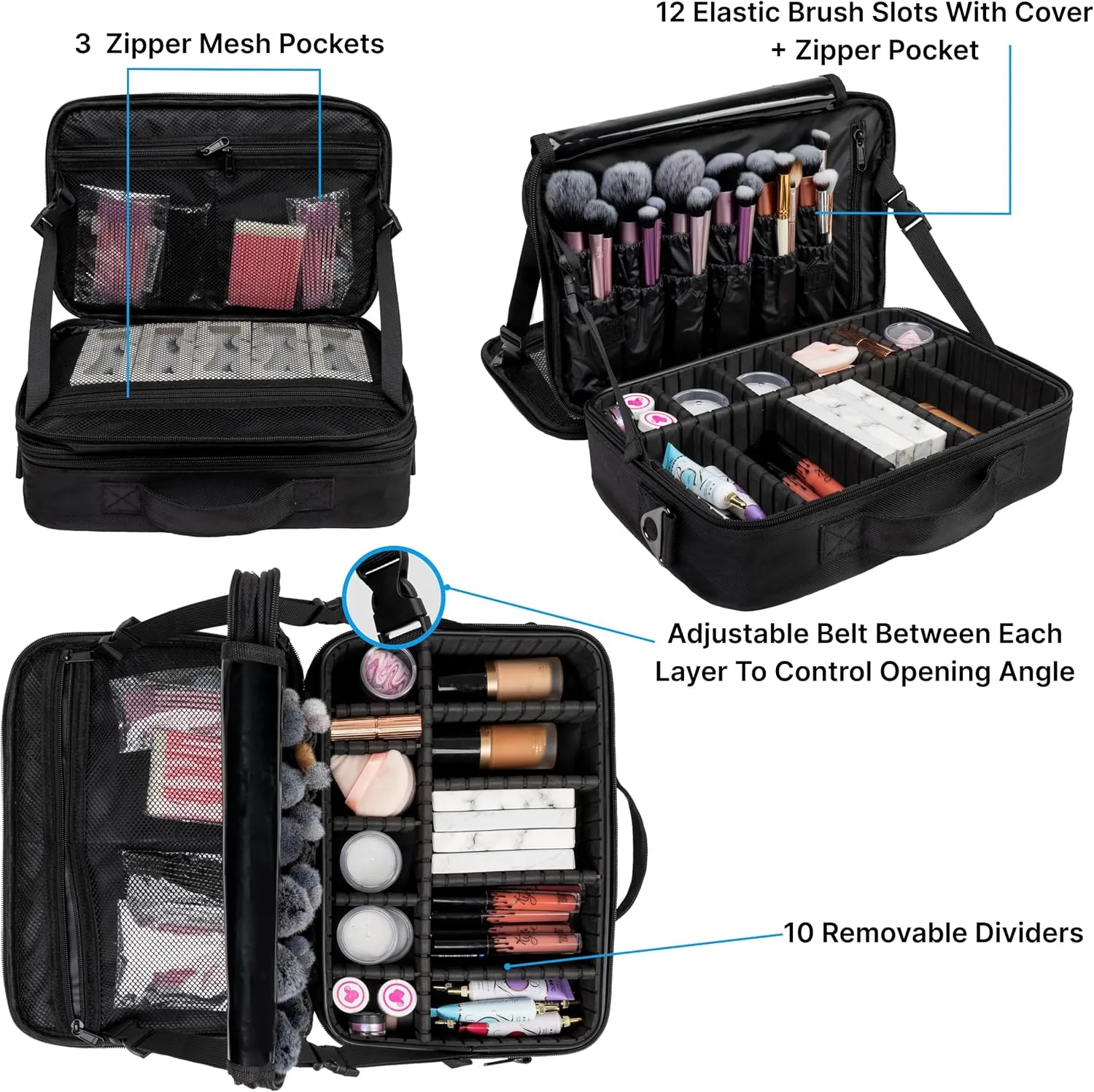 |Not Made In China| Makeup Bag Travel Case, Train Case for Cosmetics, Portable Beauty Organizer, Cosmetic Storage Bag With Adjustable Dividers For Make Up and Brushes