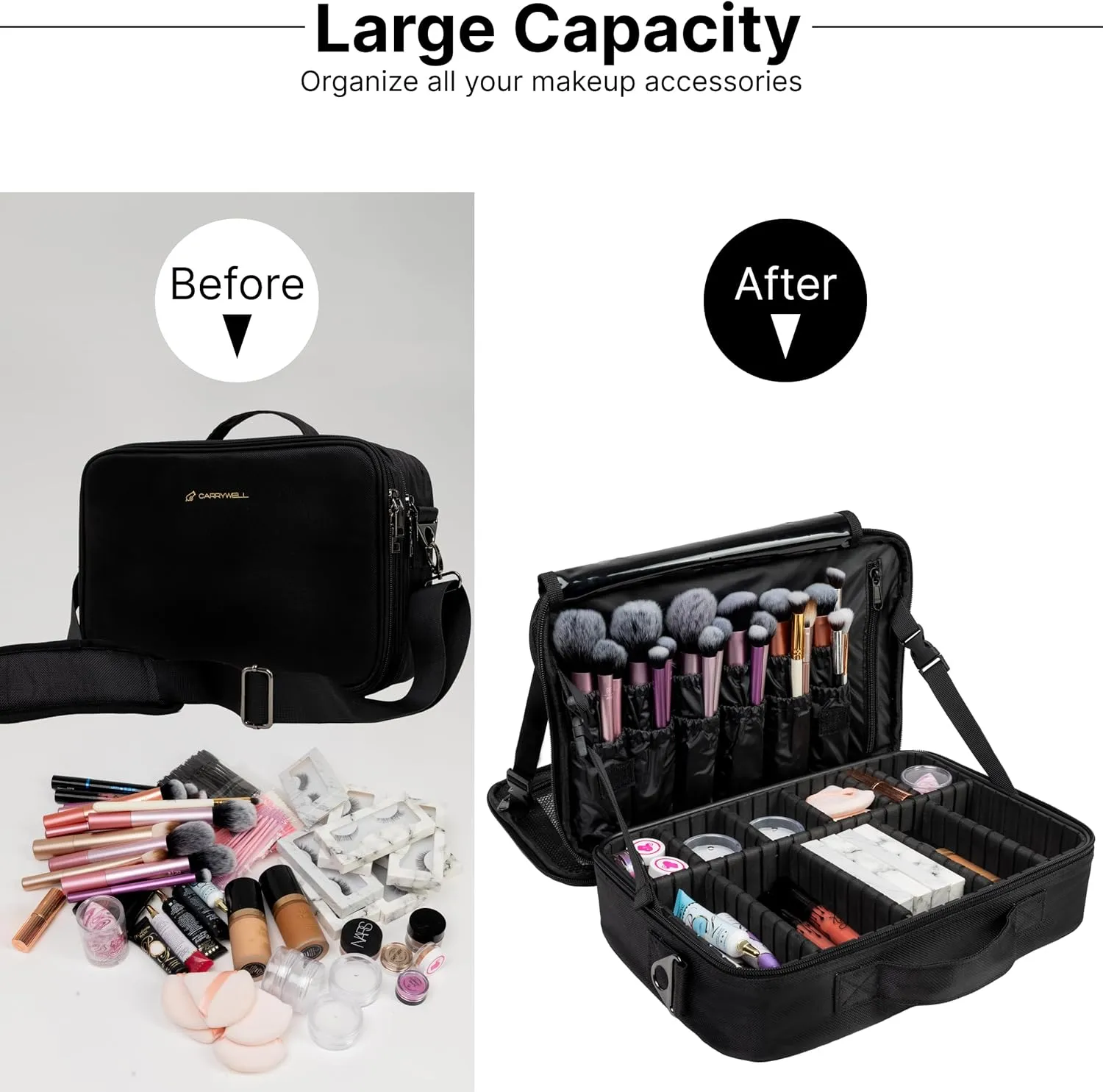 |Not Made In China| Makeup Bag Travel Case, Train Case for Cosmetics, Portable Beauty Organizer, Cosmetic Storage Bag With Adjustable Dividers For Make Up and Brushes