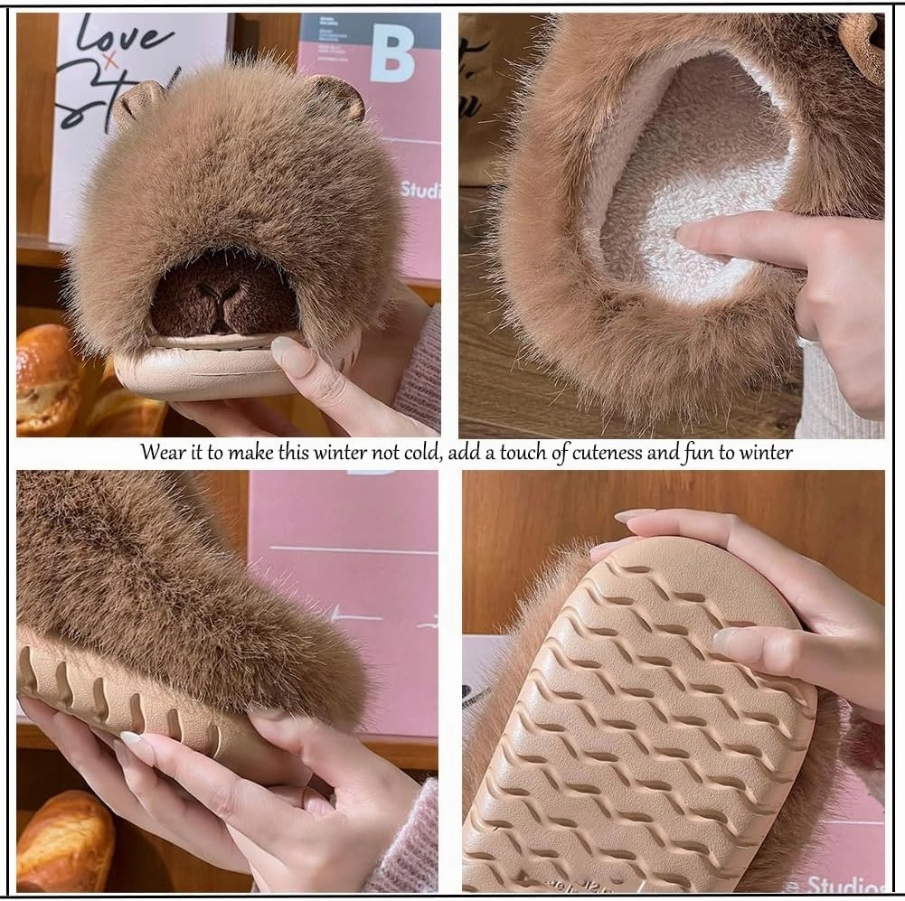 Novelty With Ears Capybara Slippers, Cozy House Shoes Fall and Winter Indoor Outdoor for Women, Warm Funny Animal Soft Plush Slides
