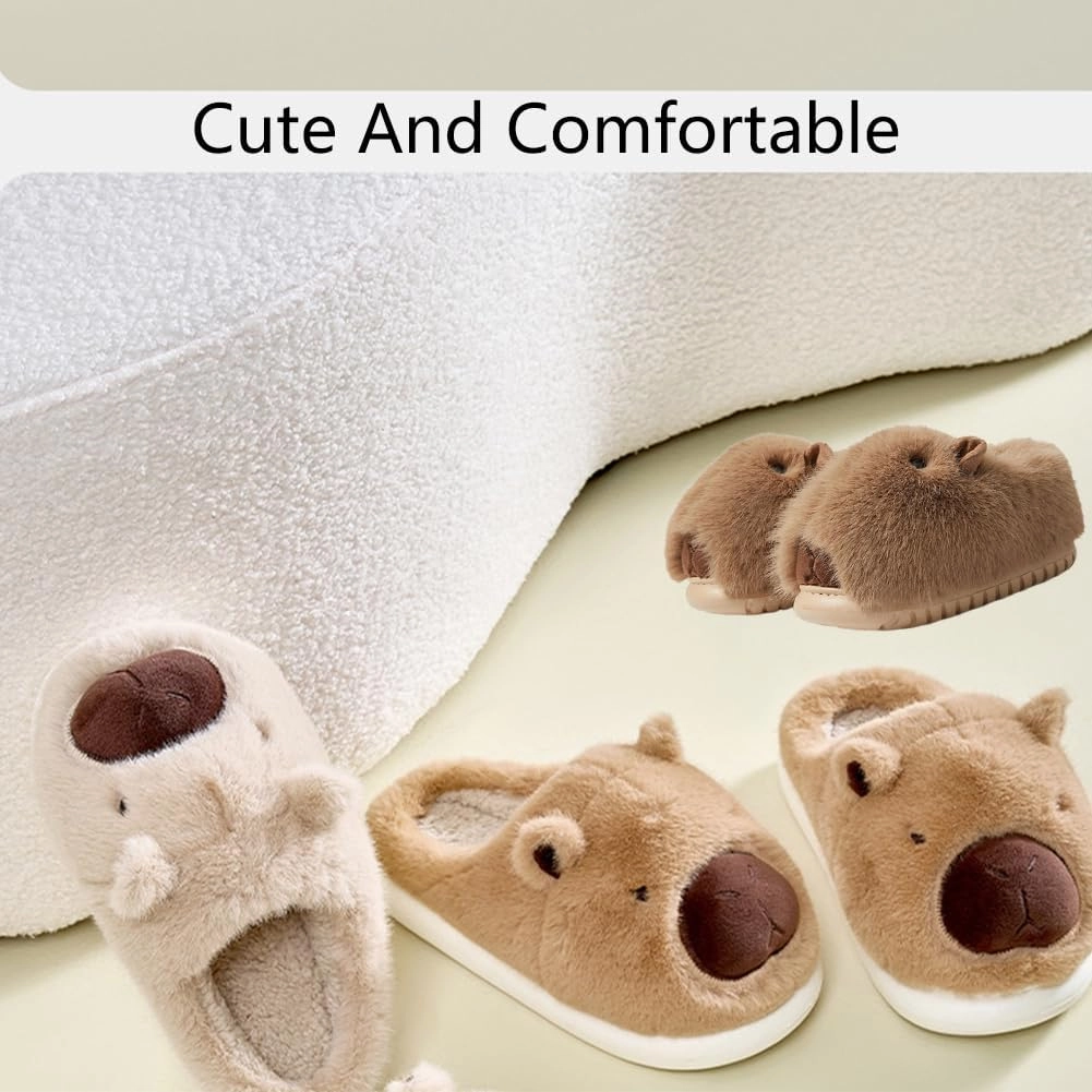Novelty With Ears Capybara Slippers, Cozy House Shoes Fall and Winter Indoor Outdoor for Women, Warm Funny Animal Soft Plush Slides