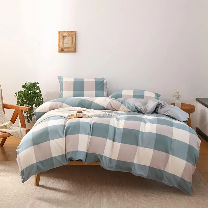 NSNLGSGC Queen Plaid Duvet Cover Set Grayish Blue - Buffalo Check Simple Geometric Square Pattern Bedding Set,Modern Soft Washed Microfiber Comforter Cover (3PCS,Queen)