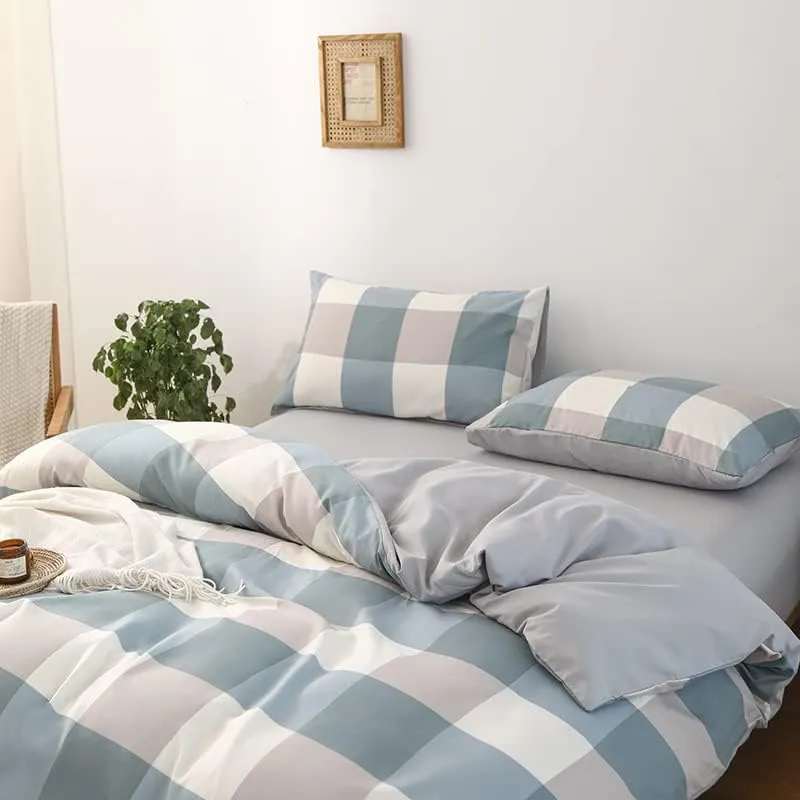 NSNLGSGC Queen Plaid Duvet Cover Set Grayish Blue - Buffalo Check Simple Geometric Square Pattern Bedding Set,Modern Soft Washed Microfiber Comforter Cover (3PCS,Queen)
