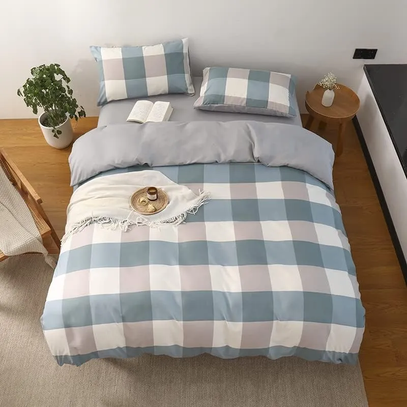 NSNLGSGC Queen Plaid Duvet Cover Set Grayish Blue - Buffalo Check Simple Geometric Square Pattern Bedding Set,Modern Soft Washed Microfiber Comforter Cover (3PCS,Queen)