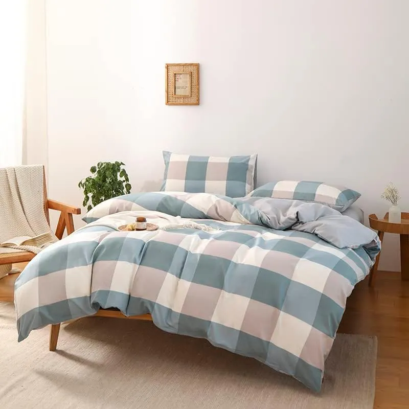 NSNLGSGC Queen Plaid Duvet Cover Set Grayish Blue - Buffalo Check Simple Geometric Square Pattern Bedding Set,Modern Soft Washed Microfiber Comforter Cover (3PCS,Queen)