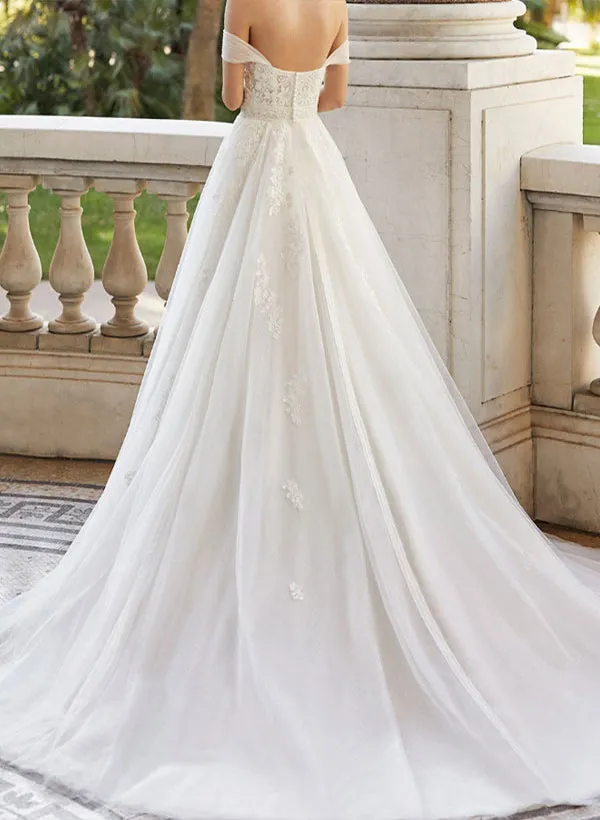 Off The Shoulder Ball Gown Wedding Dress With Short Sleeves Tulle Lace and Appliques