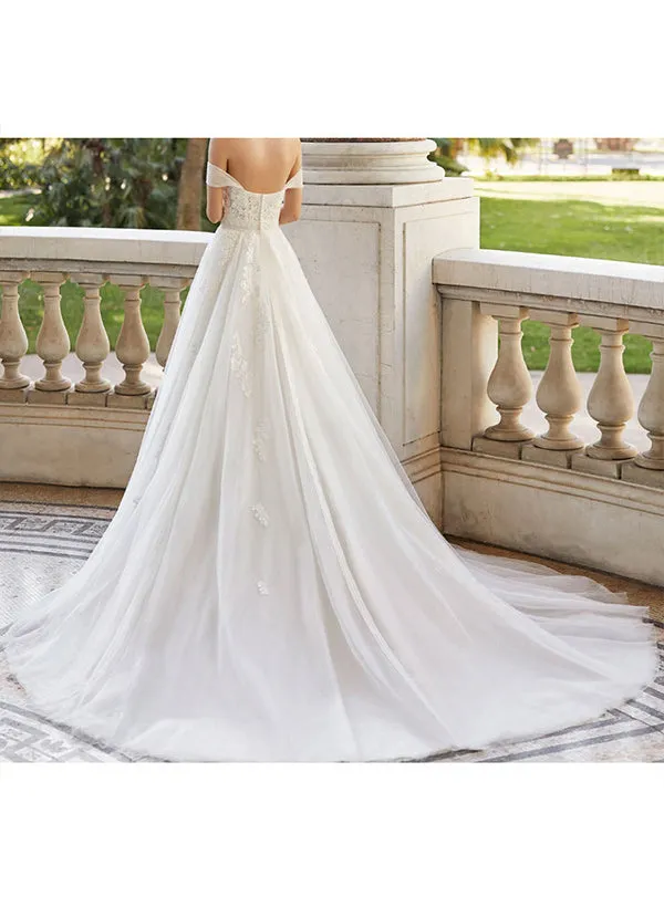 Off The Shoulder Ball Gown Wedding Dress With Short Sleeves Tulle Lace and Appliques