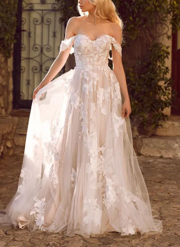 Off The Shoulder Tulle Lace Wedding Dress With Appliques Lace