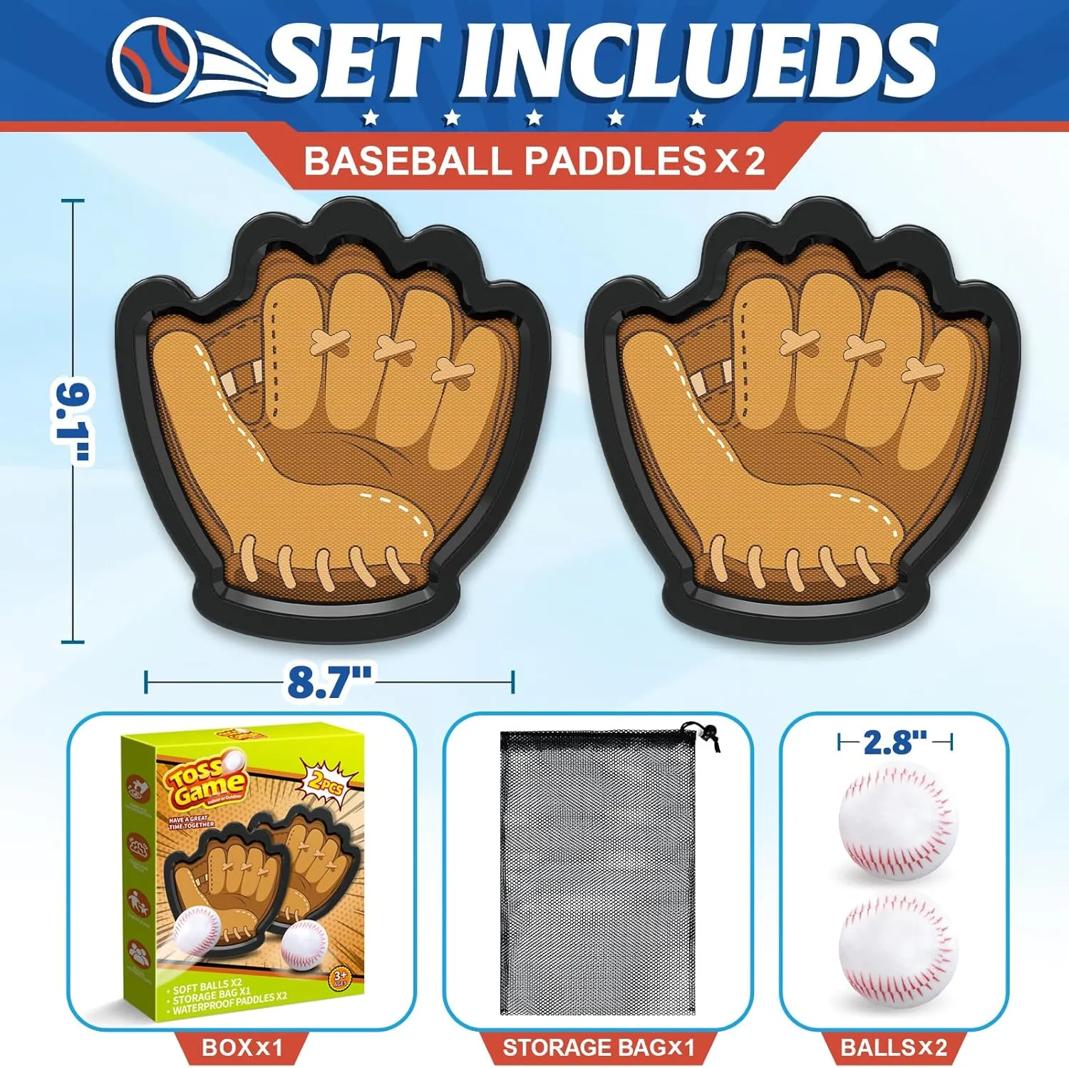 Officygnet Kids Outdoor Toys Catch Ball Games Set, 2 Pack Baseball Training Toy with Gloves for Kids Ages 3-12 Years Old, Beach Pool Yard Games for Adult and Family, for Toddlers Boys Girls