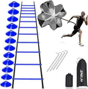 OFYDNR Speed Agility Ladder Training Set - 12 Rung 20Ft Agility Ladder, 12 Disc Cones, 4 Steel Stakes, Resistance Parachute with Carry Bag for Soccer Basketball Football Boxing Footwork Sports
