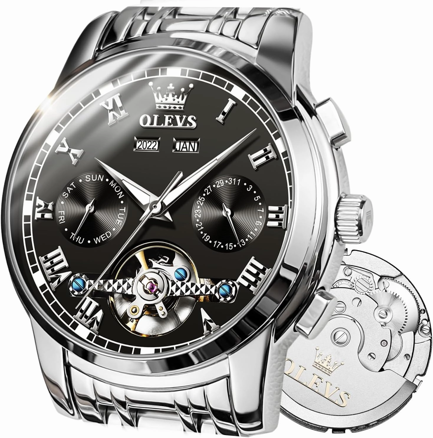 OLEVS Automatic Watch(No Battery Required) Men's Wrist Watches Self-Wind Mechanical Watches Fashion Classic Tourbillon Skeleton Watch Black Blue Green Face,Adjustable Bracelet (Gift Tool)