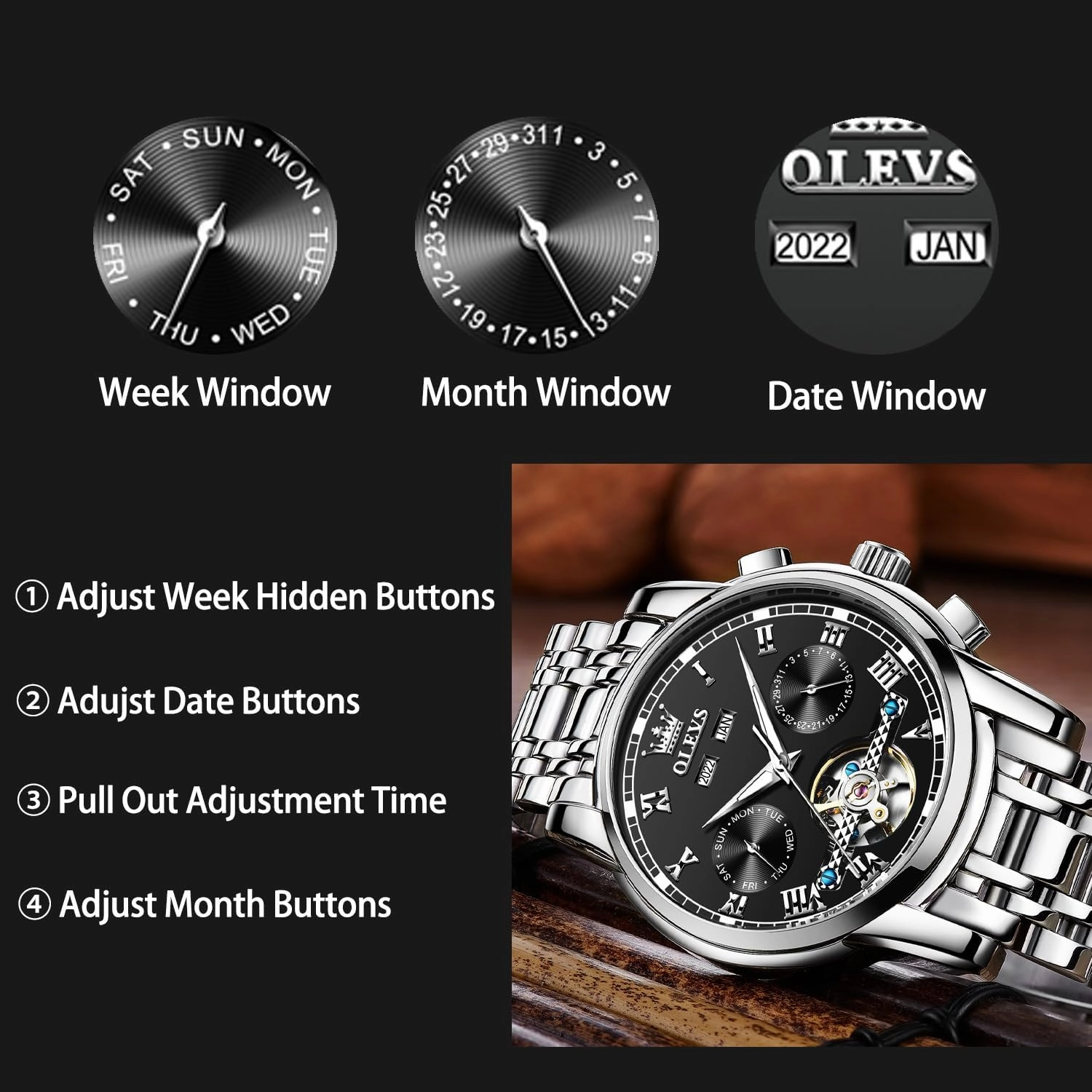 OLEVS Automatic Watch(No Battery Required) Men's Wrist Watches Self-Wind Mechanical Watches Fashion Classic Tourbillon Skeleton Watch Black Blue Green Face,Adjustable Bracelet (Gift Tool)