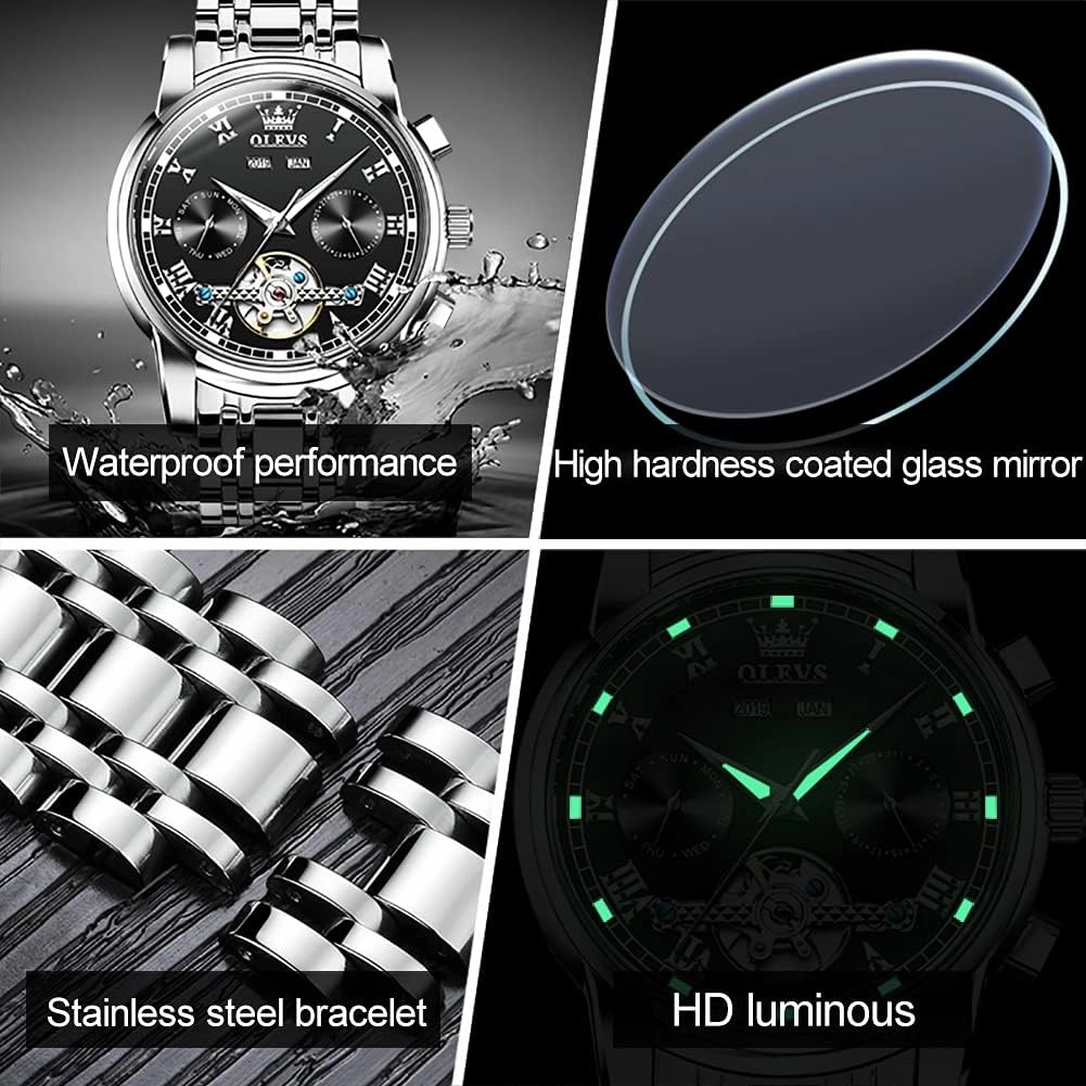 OLEVS Automatic Watch(No Battery Required) Men's Wrist Watches Self-Wind Mechanical Watches Fashion Classic Tourbillon Skeleton Watch Black Blue Green Face,Adjustable Bracelet (Gift Tool)